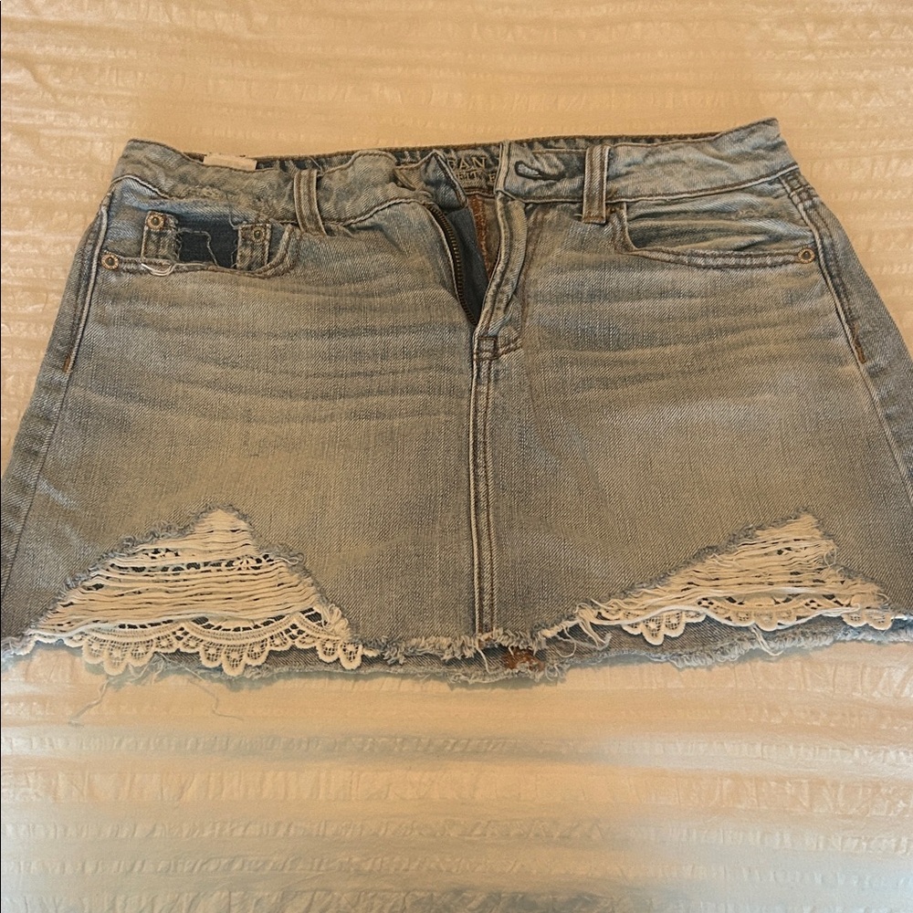 American Eagle Outfitters Light Blue Denim Mini Skirt with Lace